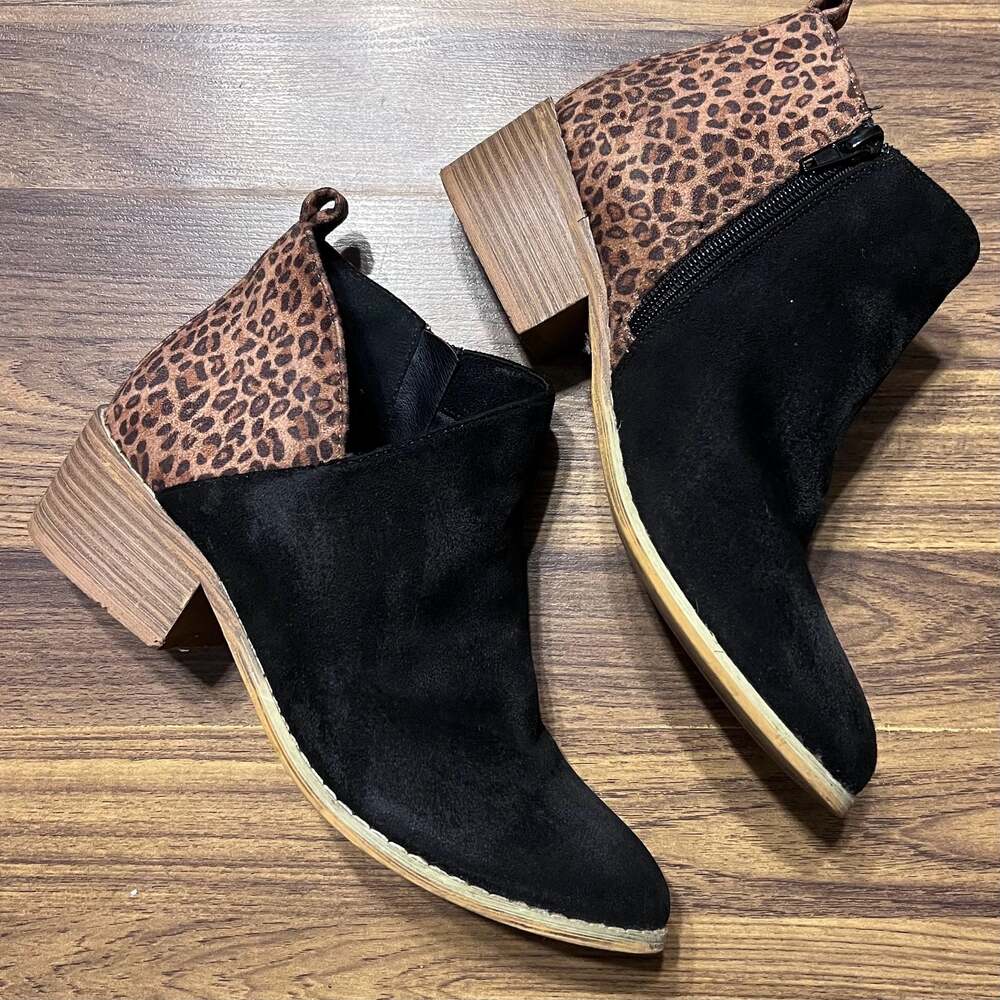 Boutique by Corkys Black Faux Suede and Leopard Print Ankle Booties